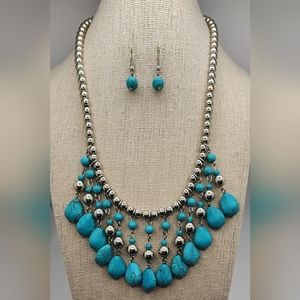 Statement Necklace and Dangle Bead Earring. Turquoise & Silver Style.